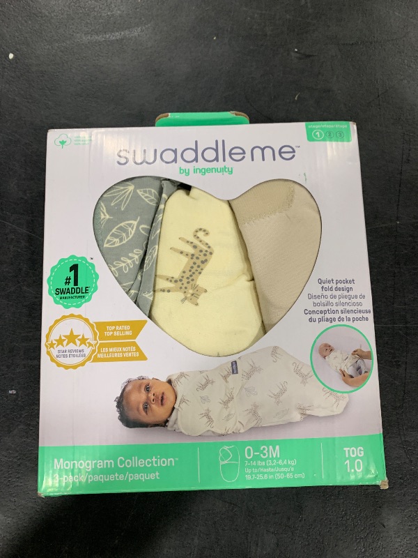 Photo 1 of SwaddleMe by Ingenuity Monogram Collection Baby Swaddle, 100% Cotton, Improves Sleep & Calms Startle Reflex, 0-3 Months, Pocket Fold Design for Easy Changes, 1.0 TOG, 3-Pack - Born Free