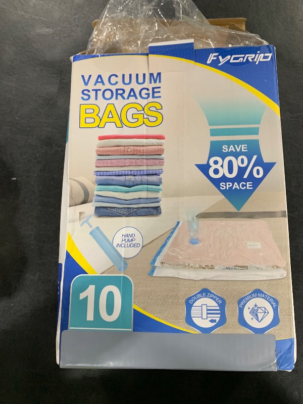 Photo 1 of Fygrip Vacuum Storage Bags with Hand Pump, Plastic Packaging Bags, 80% Space Saver Vacuum Seal Bags for Clothing, Travel Lugggage, Blankets, Comforters, 10 Medium
