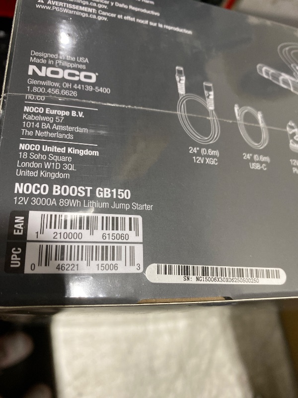 Photo 1 of NOCO Boost GB150: 3000A UltraSafe Jump Starter – 12V Lithium Battery Booster Pack, Portable Jump Box, Power Bank & Jumper Cables - for 9.0L Gas and 7.0L Diesel Engines