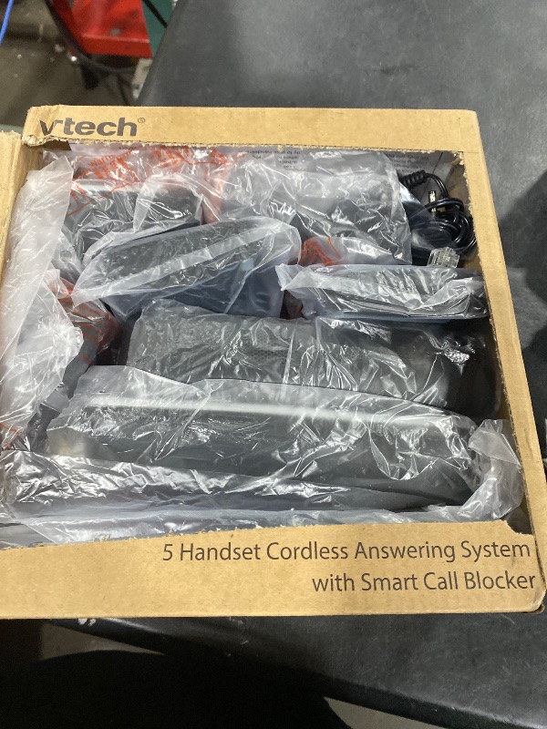Photo 1 of VTech VS113-5 Extended Range 5 Handset Cordless Phone for Home with Call Blocking, Connect to Cell Bluetooth, 2" Backlit Screen, Big Buttons, and Answering System, Silver & Black