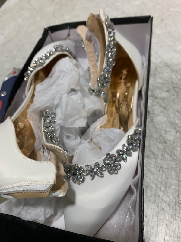 View 2 of XYD Women Classic Pointed Toe D'Orsay Wedding Flat Sandals Sparkly Rhinestones Ankle Strap Low Heel Dress Shoe with Zipper (Size 10, White)