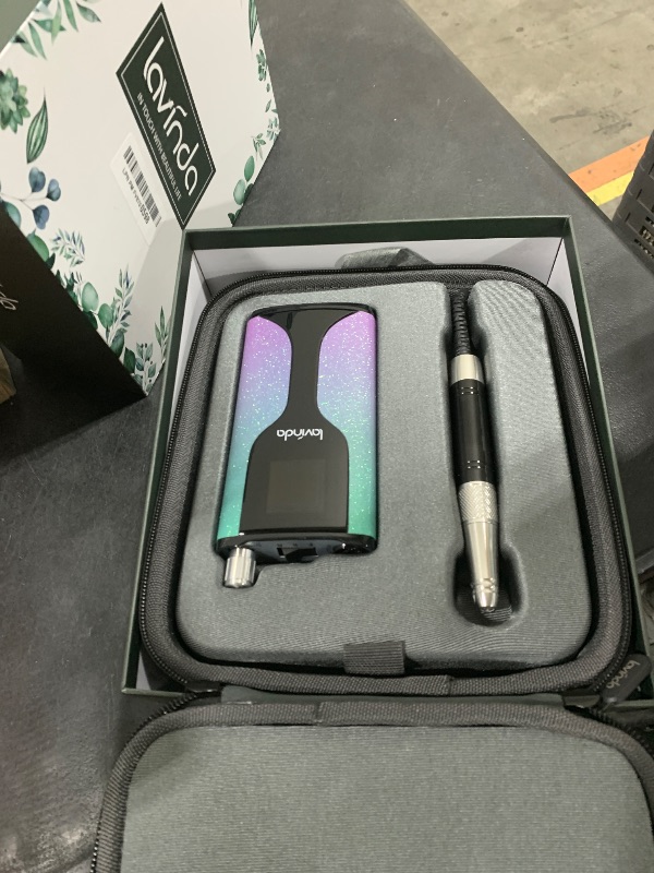 Photo 1 of Lavinda Professional Nail Drill Machine, Cordless Rechargeable 35,000RPM Brushless Nail Drill, Portable Electrical Nail File for Acrylic Nails with Charging Base, Bling Green Purple Gradient