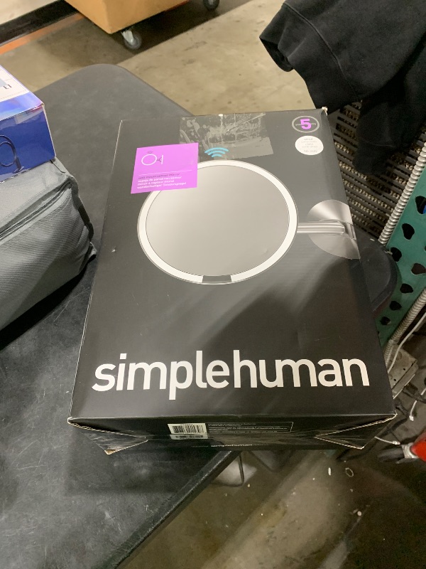 Photo 1 of simplehuman, Brushed 8" Round Wall Mount Sensor Makeup Mirror, 5x Magnification, Hard-Wired (100-240v), Stainless Steel, 8"