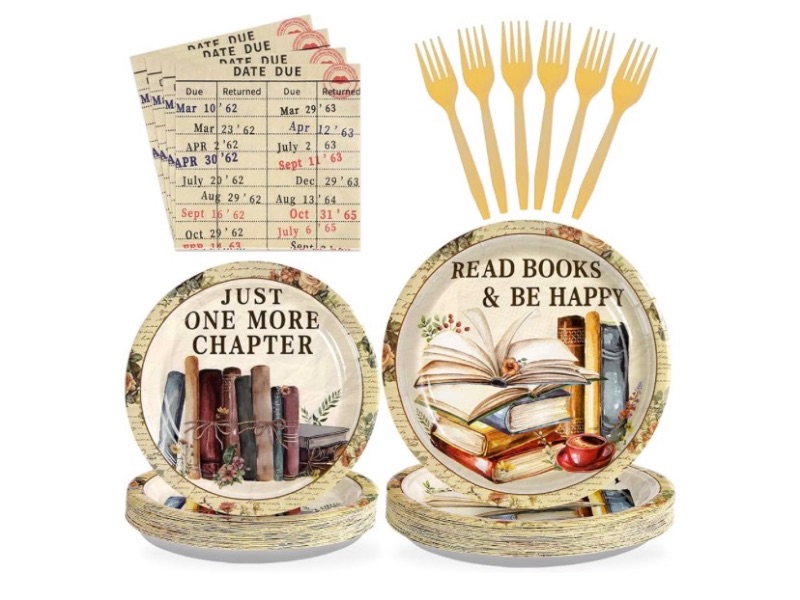 Photo 1 of Grencian 96Pcs Book Theme Party Decorations Vintage Book Plates and Napkins Disposable Books Club Paper Tableware Set for Books Club Library Reading Theme Birthday Party Supplies, Serves 24