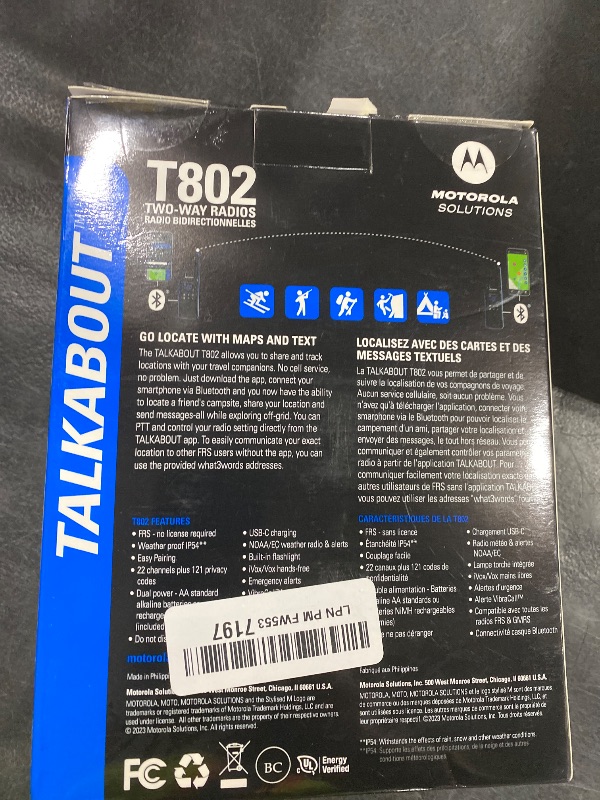 Photo 1 of Motorola Solutions, Portable FRS, T802, Talkabout, Two-Way Radios Waterproof IP54 Walkie Talkie Emergency Preparedness, Rechargable, 22 Channel, 35 Mile, Black W/Blue, 2 Pack