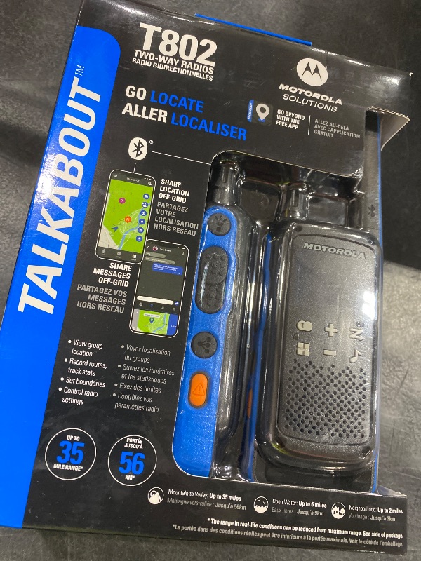 Photo 1 of Motorola Solutions, Portable FRS, T802, Talkabout, Two-Way Radios Waterproof IP54 Walkie Talkie Emergency Preparedness, Rechargable, 22 Channel, 35 Mile, Black W/Blue, 2 Pack
