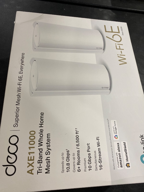 Photo 1 of TP-Link Deco XE200 Mesh WiFi AXE11000 Tri-Band WiFi 6E Mesh Network System - Replaces Wireless Internet Router and Extender, 10Gbps Ethernet Port, Compatible with Alexa, Deco XE200(2-Pack)