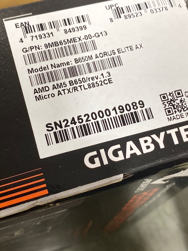 Photo 1 of GIGABYTE B650M AORUS Elite AX AMD AM5 mATX Motherboard, Support Ryzen 9000/8000/7000 Series, DDR5, 12+2+2 Power Phase, PCIe 5.0 M.2, USB-C 3.2 Gen 2, WIFI6E, 2.5GbE, EZ-Latch, Q-Flash, RGB Fusion
