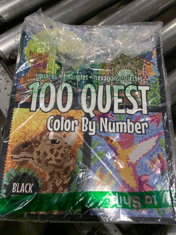 Photo 1 of 100 QUEST Color By Number: Squares + Triangles + Hexagons + Circles (BLACK backgrounds): color quest activity book for adults