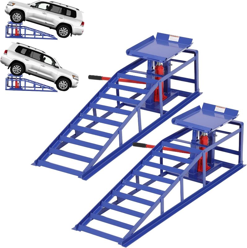 Photo 1 of 2-Pack Heavy Duty 5 Ton (11000 LBS) Hydraulic Car Ramps, High Lift 13.3" Truck Ramps with Safety Lock Pins, Auto Lift for Oil Change, Home Garage & Vehicle Repair, Blue
