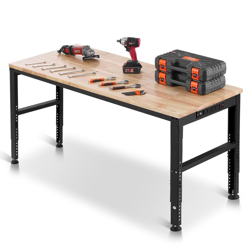 Photo 1 of VEVOR Adjustable Workbench, 2000 lbs Capacity, 61 x 20-inch Heavy Duty Work Bench with 27.1-36 Inches Height Adjustment, Garage Workbench with Power Outlets, Suitable for Office, Garage, Workshop