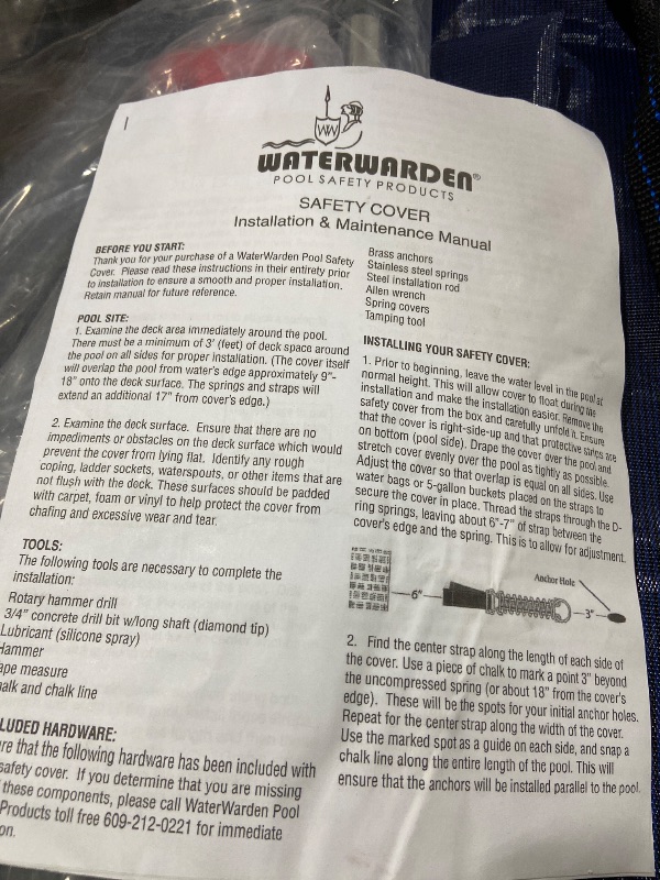 Photo 1 of WaterWarden Pool Safety Cover for 16' x 34' Inground Pool With 2' Right Offset 4'x8' Step, 15-Year Warranty, UL Classified to ASTM F1346, Triple Stitched for Max Strength, Hardware Included, Blue Mesh