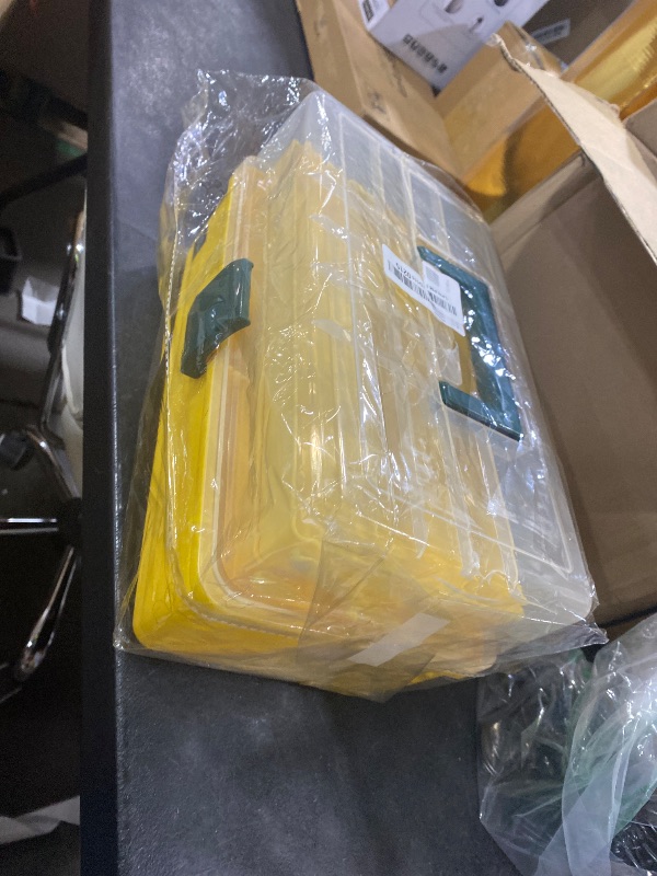 Photo 1 of **USED, DAMAGED** Creahaus 13 inch Art Craft Organizer Storage Box with 3 Layer, Multipurpose Plastic Tool Box with Handle for Sewing, Art Supply, Medicine, Nail, Hair Accessories (Yellow)
