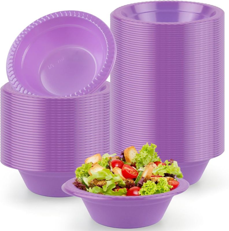 Photo 1 of 100 Pcs 12oz Purple Disposable Plastic Bowls for Ice Cream, Salad, Dessert, Picnic, Snacks, Soup Serving Cups for Party.(Purple)