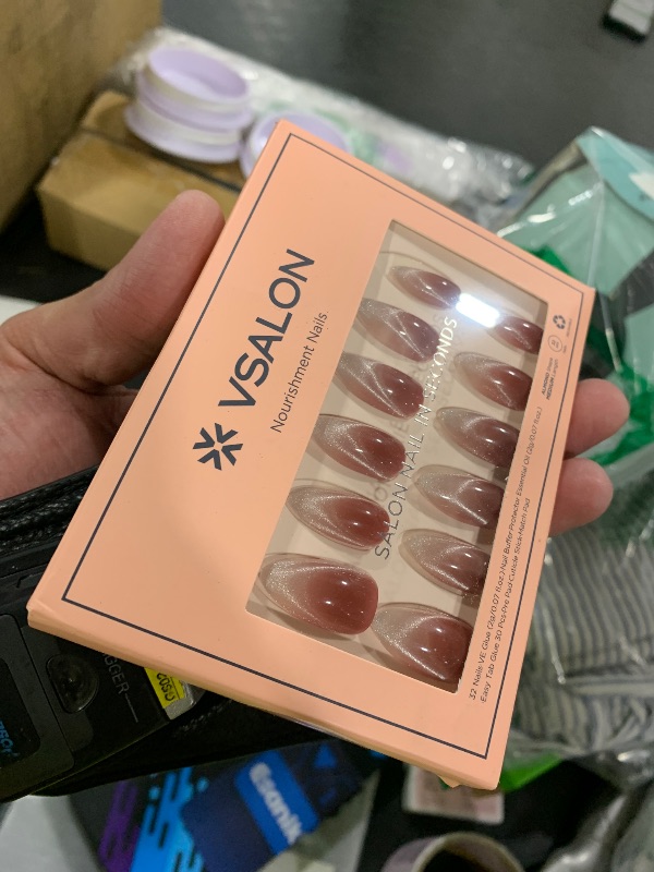 Photo 1 of VSALON Almond Medium Press on Nails, Red Maroon Ombre French Tip Cat Eye Glossy Glitter Semi-Transparent False Nails, Reusable 32 PCS in 16 Sizes Gel Fake Nails Kit with Glue & Cuticle Oil