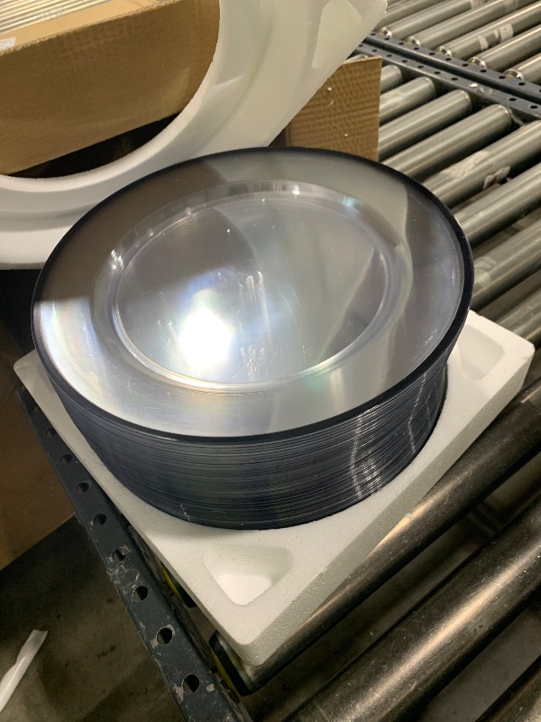 Photo 1 of Goodluck 12 Inch Disposable Charger Plates Plastic, 100 Pack Plastic Clear Charger with Black Rim for Dinner, Wedding, Party