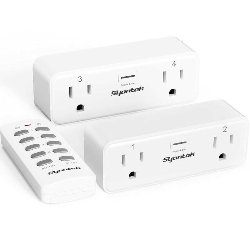 Photo 1 of 

Syantek Remote Control Outlet with 2 Independent Control Sockets, Wireless Remote Light Switch Set, Remote Outlet Plug Up to 100 FT Range, FCC Certified