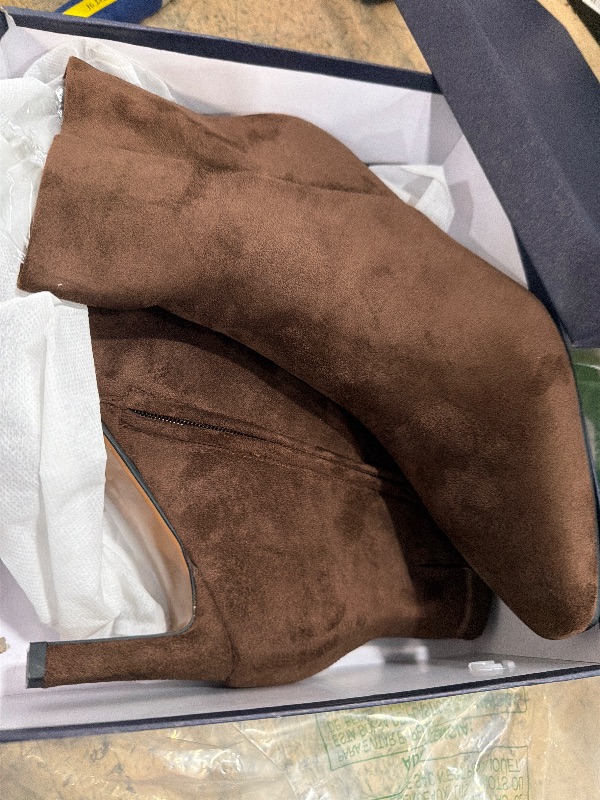 Photo 1 of Chocolate Brown Suede Ankle Boots for Women Pointed Toe Chunky High Heeled Booties Dressy Fall Short Boots with Side Zipper Size 10