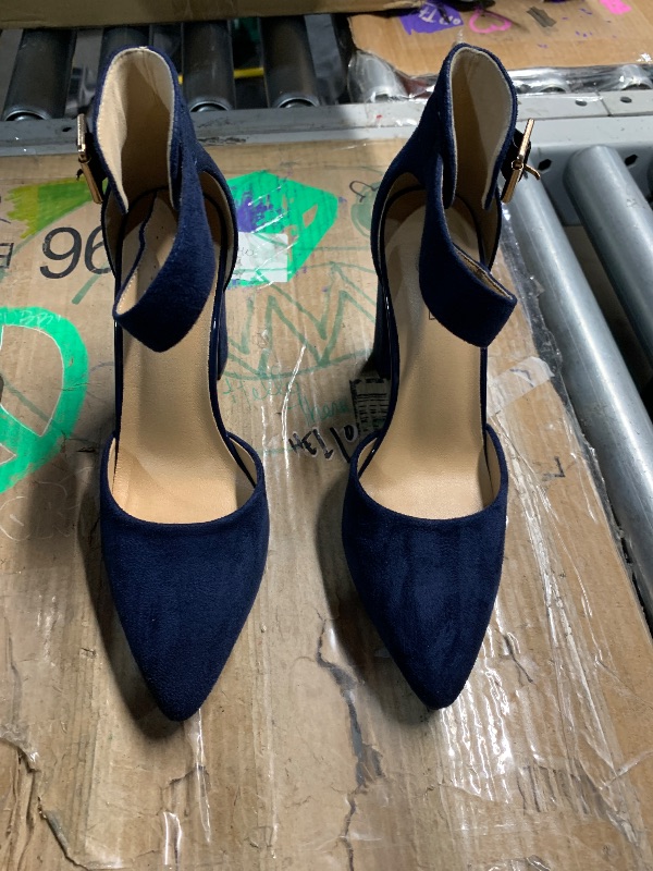 Photo 1 of ***(HEAVILY USED/ MINOR DAMAGE)***IDIFU Women's IN4 Pedazo High Block Heels Pumps Pointed Closed Toe Ankle Strap Dress Wedding Shoes (Blue Suede, 7.5 M US)