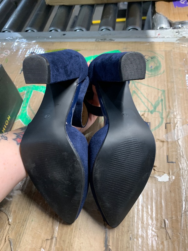Photo 1 of ***(HEAVILY USED/ MINOR DAMAGE)***IDIFU Women's IN4 Pedazo High Block Heels Pumps Pointed Closed Toe Ankle Strap Dress Wedding Shoes (Blue Suede, 7.5 M US)