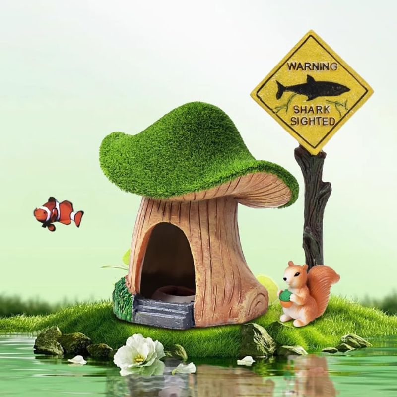 View 1 of ? Fish House for Aquarium Decoration Green Moss Mushroom House, Resin Fish Tank Decoration, Reptiles Fish and Shrimp Shelter Landscape Cave Decor