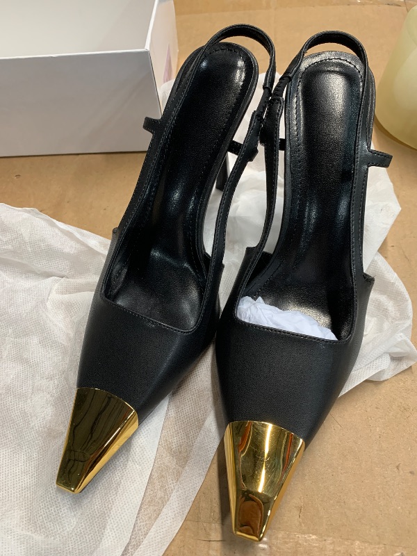 Photo 1 of (see all images) VorisVina Black Pointed Toe Slingback High Heels for Women Meta Stiletto Heels Closed Toe Pumps (women's 9)
