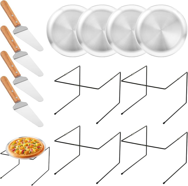 Photo 1 of 12 Pcs Pizza Pan Riser Stands Sets Includes 4 Metal Pizza Table Stands 4 Pizza Pan(11.8in) and 4 Wood Handle Pie Server, Pizza Rack Stand Pizza Tray for Pizza Dessert Cheese (Silver)