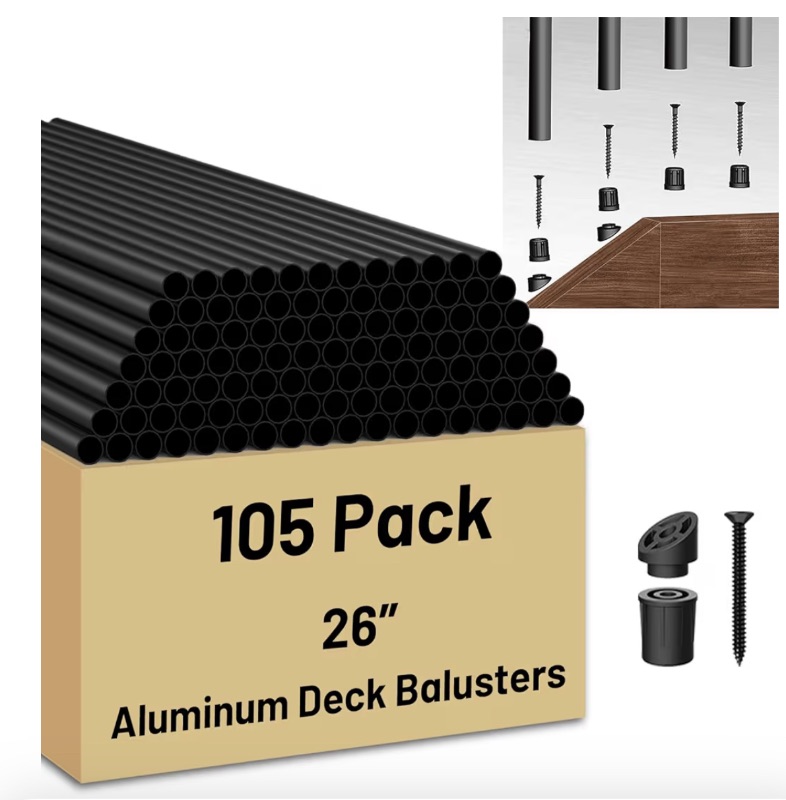 Photo 1 of 105 Pack 26 inch Aluminum Balusters for Deck Railing,Black Round Metal Spindles for Staircase,3/4" Diameter Hollow Deck Ballasters with Screws and Connectors for Railing Fencing Porch Stair Spindles