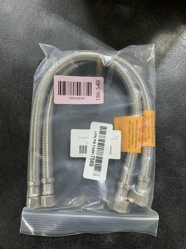 Photo 1 of [2-Pack] PROCURU 16-Inch (1.3Ft) x 3/8" Comp x 1/2" FIP Faucet Hose Connector, Stainless Steel Braided Supply Line, Certified Safe (9SF16-2P)