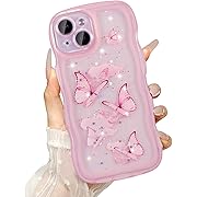 Photo 1 of Wave Butterfly Case for iPhone 15 Plus Case, Pretty Bling Star Butterfly for Women Cute Shiny Glitter Phone Cover for Girls Bling Clear Cover Curly Shockproof Girly Shell - Pink