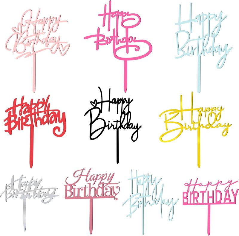 Photo 1 of 10 PCS Happy Birthday Cake Topper Set Glitter Cake Decorations in 8 Colors Black Silver Gold Rose Gold Pink Rose Red Blue Red Ideal Party Supplies for Adults Any Occasion 10 Styles