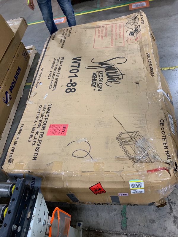 Photo 1 of FOR PARTS***** MAJOR DAMAGE TO ITEM************ Signature Design by Ashley Roddinton Traditional TV Stand With Fireplace Option Fits TVs up to 70", 2 Cabinets and Storage Shelves, Dark Brown