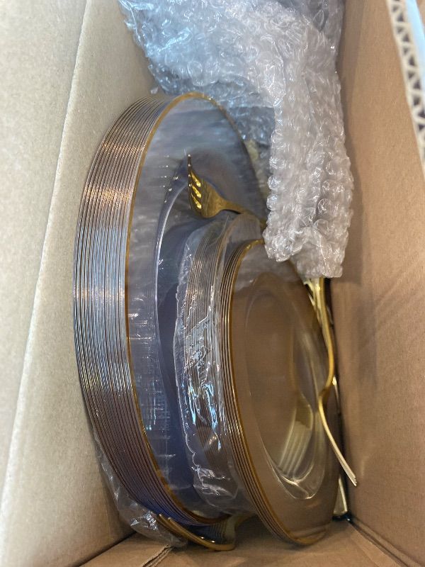 Photo 1 of **MISSING PARTS/check clerk comments**
SUT 175 PCS Clear and Gold Plastic Plates, Plates Disposable Heavy Duty for 25 Guests, Disposable Plates for Party and Wedding, Party plates and Cups and Napkins Sets, Plastic plates Disposable