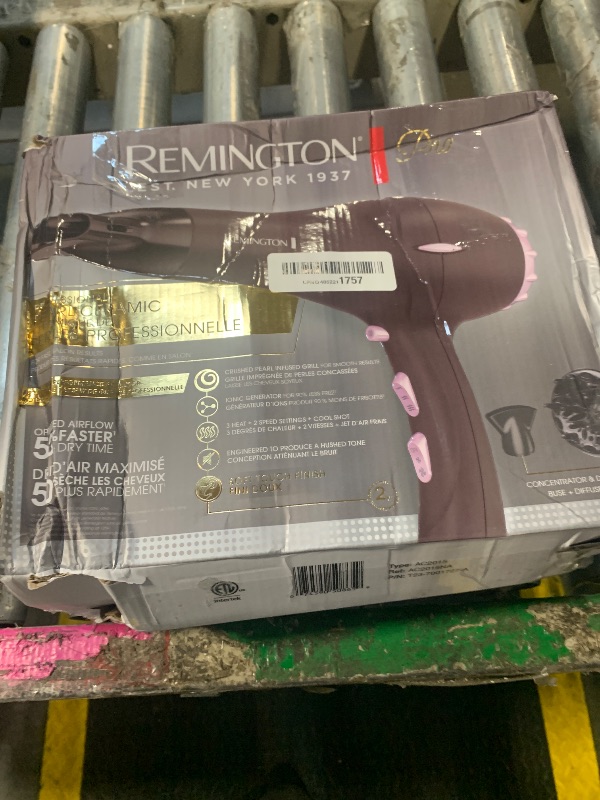 Photo 1 of ** VERY USED** Remington Pro Pearl Ceramic Hair Dryer 1875W Fast Drying, Professional AC Motor, 3 Heat + 2 Speed Settings, Cool Shot, Diffuser & Concentrator Included