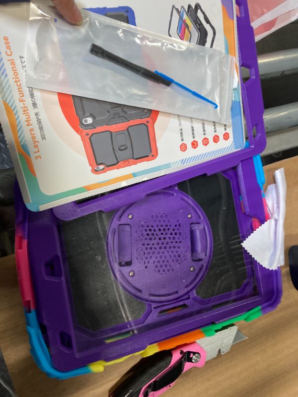 Photo 1 of ***VERY USED*** SEYMAC stock Case for iPad 9th/ 8th/ 7th Generation 10.2'', Shockproof with Screen Protector, Pencil Holder [360° Rotating Hand Strap] & Stand, for iPad 10.2 inch 2021-2019 (Purple+Colorful)