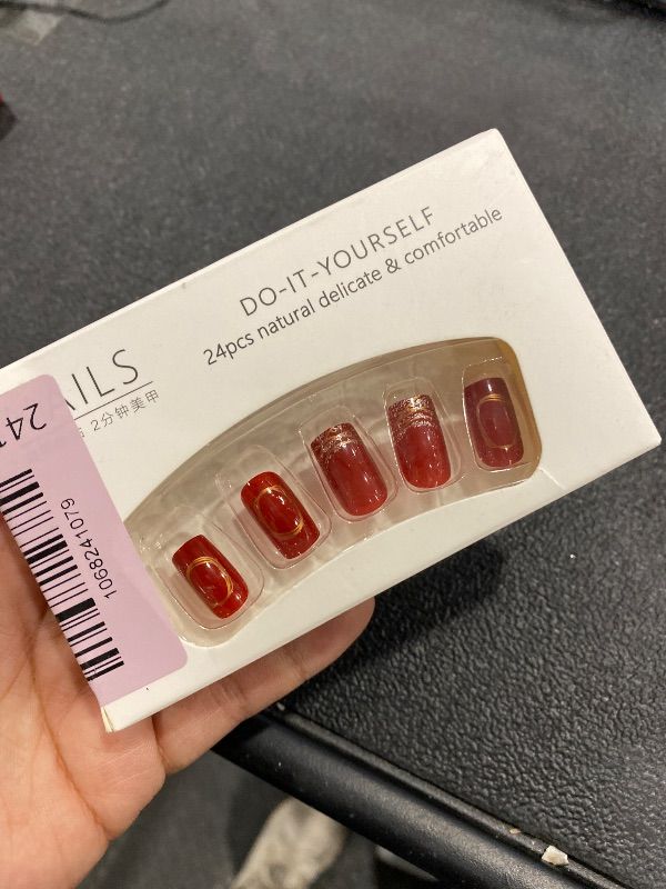 Photo 1 of *MISSING PARTS*
Red Press On Medium Square Pearl Silver Line Design French False Nails - Artificial Acrylic Coffin Full Cover Reusable Glossy Fake Glue On for Women - Nature Fit Stick On