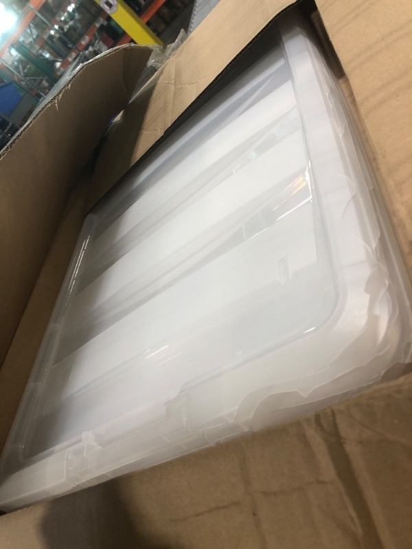Photo 1 of **** lids broken *** IRIS USA 72 QT Plastic Storage Box with Lid and Latches - 4 Pack - BPA-Free, See-Through Organizing Solution, Durable Nestable Stackable Containers, Secure Pull Handle - Clear