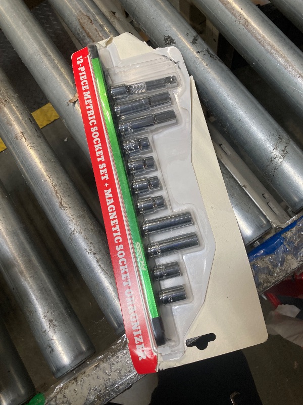 Photo 1 of **1 PC MISSING**
11-Piece 1/4" & 3/8" Drive 10mm Socket Set with 3-inch 3/8 & 1/4 Extension Bars | Deep & Shallow Mirror Finish Socket Set | Magnetic Storage Rail | Cr-V | 6 Point & 12 Point (13 Pack)