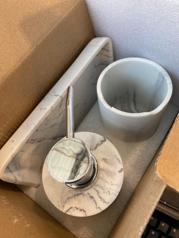Photo 1 of *MINOR DAMAGE - USED*
idestc® Bathroom Accessory Set with Lotion Soap Dispenser, Toothbrush Holder and Vanity Tray, 3-Piece Like Marble Soap and Lotion Dispenser Sets (Marble White)