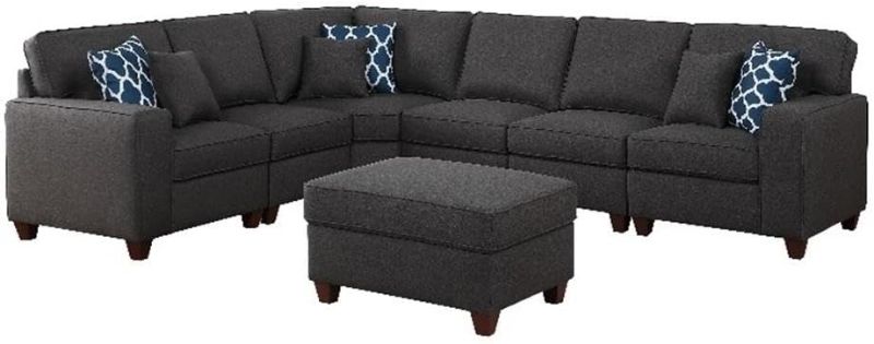 Photo 1 of **incomplete set, only right arm chair**  Devion Furniture 7-Piece Modern Square Leg Square Arm Chenille Fabric Upholstered Sectional with Ottoman, Easy to Assemble, in Dark Gray Finish