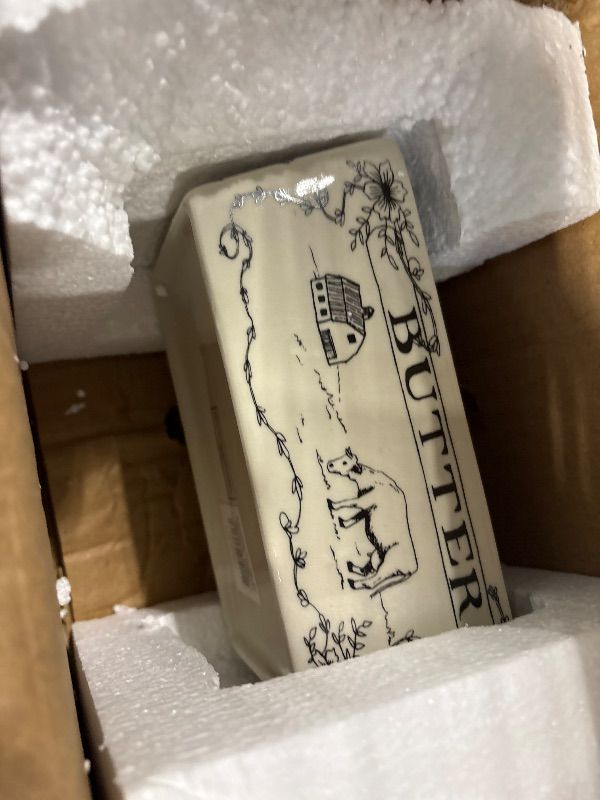 Photo 1 of **MISSING LID**
Creative Co-Op Country Stoneware Butter Dish with Lid, "Spread the Love" Message, and Farm Line Drawing, White and Black, Food, Microwave, and Dishwasher Safe