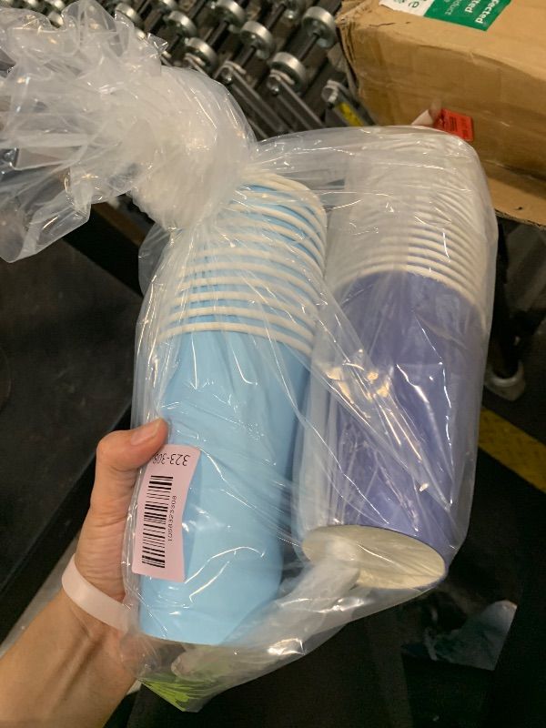 Photo 1 of ***MISSING PARTS. NO LIDS*** Qinyoung 100 Pack 16 oz Blue Disposable Coffee Cups Bulk with Lids Straws Blue and White Paper Coffee Cups for Hot Cold Cocoa Tea Holiday Party Supplies