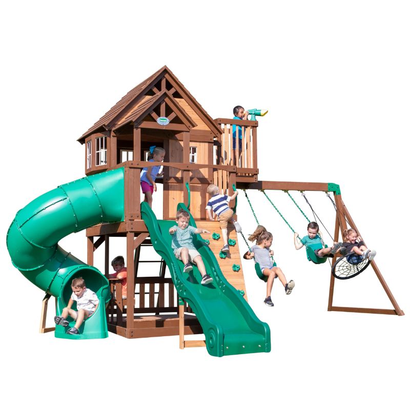 Photo 1 of ****MULTIPLE BOX SET**** Backyard Discovery Skyfort All Cedar Swing Set, Elevated Covered Wood Roof Clubhouse with Bay Windows, 2 Belt Swings, Web Swing, 10ft Wave Slide, 5 ft Tube Slide, Covered Picnic Table, 5 ft Rock Wall