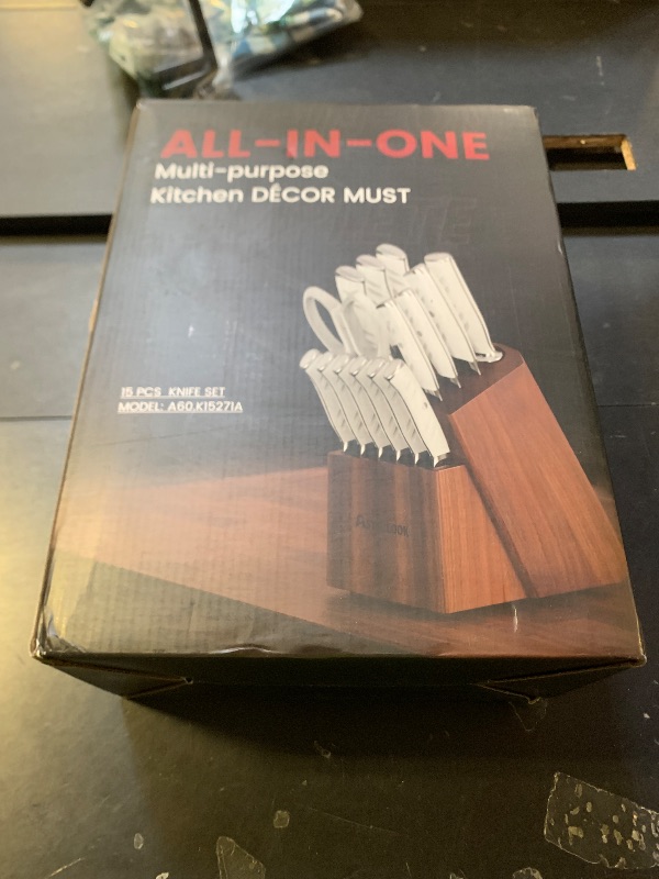 Photo 1 of Knife Set, Astercook Kitchen Knife Set with Block, 15 Pcs Luxurious High Carbon German Stainless Steel Knives Set with Full Tang Ergonomic Handle, Dishwasher Safe Knife Block Set with Sharpening Rod