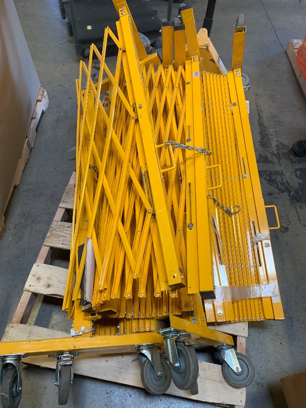 Photo 1 of GYMTIME Metal Expandable Barricade, Portable Safety Barrier with Casters, Mobile Folding Scissor Gate, Aluminum Retractable Fence for Indoor Outdoors, 0-180 Degree Rotating, 23.6 Feet, Yellow