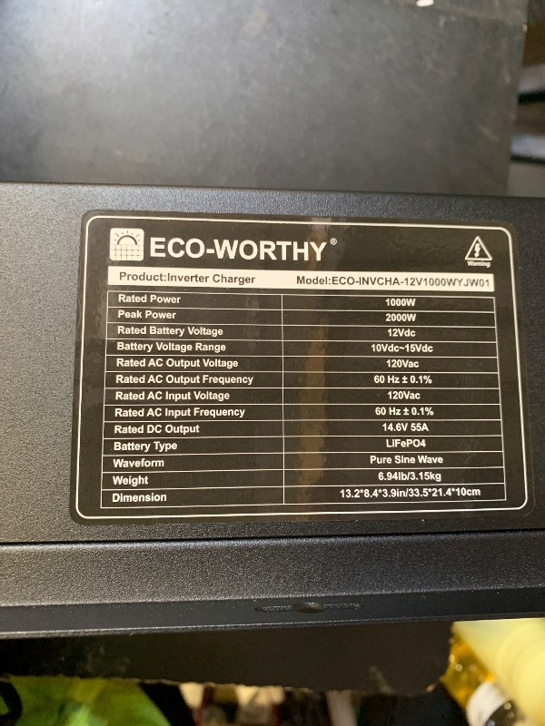 Photo 1 of ECO-WORTHY 1000W Pure Sine Wave Inverter Charger, Power Inverter with 55A LiFePO4 Battery Charger with 20ms UPS, 12V to 110V for Deep-Cycle Batteries RV Boat Home