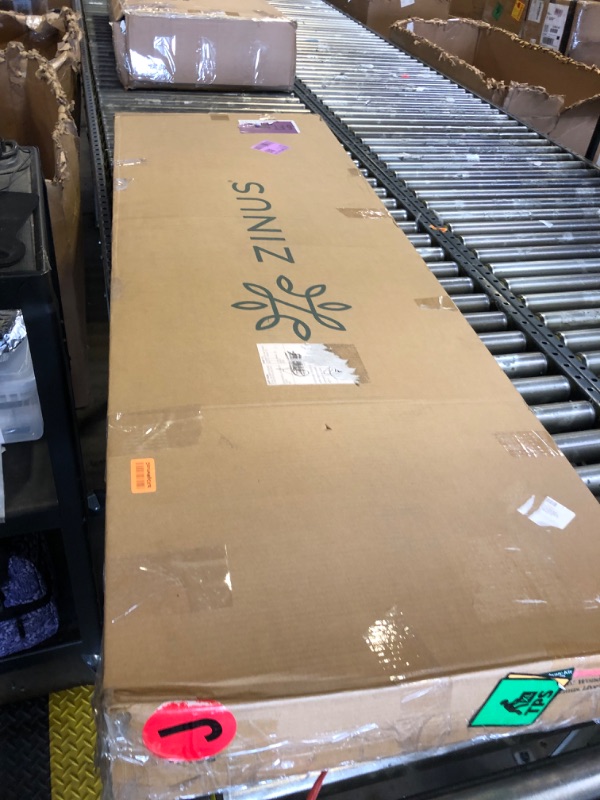 Photo 1 of Zinus Queen Maya Upholstered Bed Frame with Asymmetric Headboard, Durable Wooden Slats, Sturdy Framework, Noise Free Sleep, No Box Spring Needed, Easy Assembly, Eco Friendly Packaging, Dark Grey