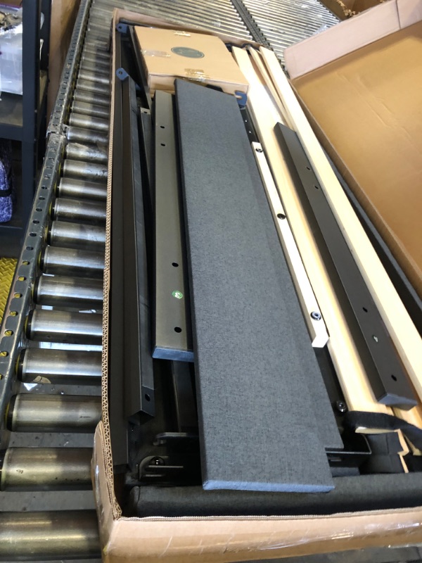 Photo 1 of Zinus Queen Maya Upholstered Bed Frame with Asymmetric Headboard, Durable Wooden Slats, Sturdy Framework, Noise Free Sleep, No Box Spring Needed, Easy Assembly, Eco Friendly Packaging, Dark Grey