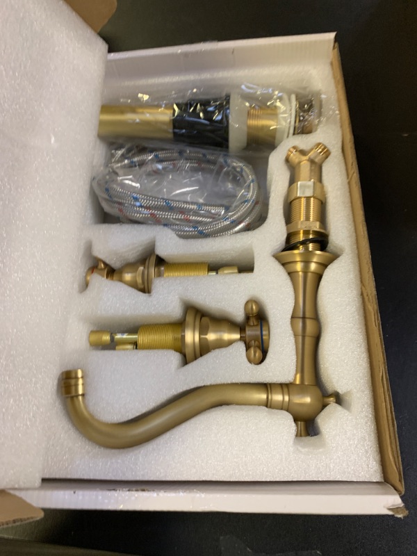 Photo 1 of GGStudy 8 inch 2 Handles 3 Holes Widespread Bathroom Sink Faucet Antique Brass Bathroom Vanity Faucet Basin Mixer Tap Faucet Matching Metal Pop Up Drain with Overflow