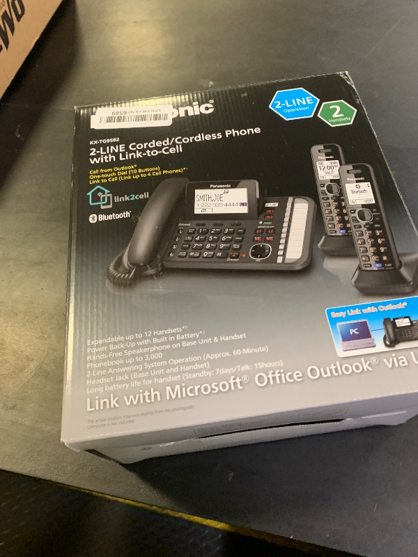 Photo 1 of Panasonic 2-Line Corded Phone/Cordless Phone System with 2 Handsets - Answering Machine, Link2Cell, 3-Way Conference, Call Block, Long Range DECT 6.0, Bluetooth - KX-TG9582B (Black)